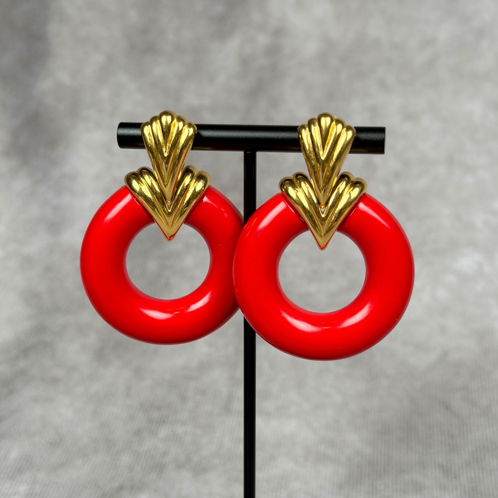 Vintage Red Door Knocker Earrings Gold Tone Fan Post Retro 80s Statement Hoops
